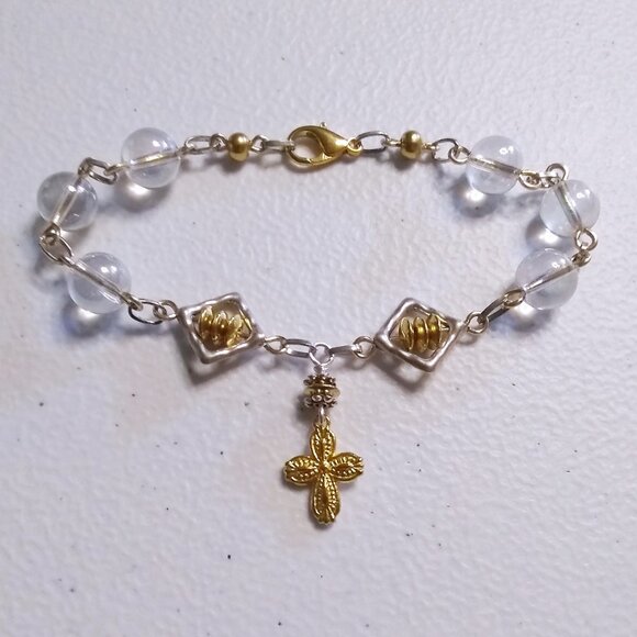 Shimmering Beaded Cross Bracelet | Mixed Metals | Faith Jewelry | 4 Larger Wrist - Picture 1 of 10